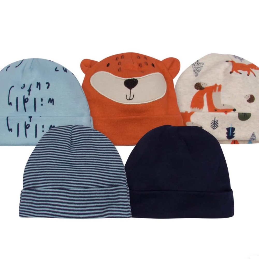 Gerbers Set of Five Baby Boy Caps Size 0-6 months
